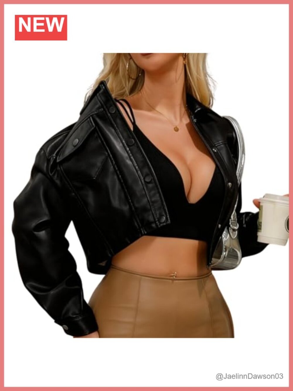 Faux Leather Cropped Button-Down Moto Jacket with Pockets